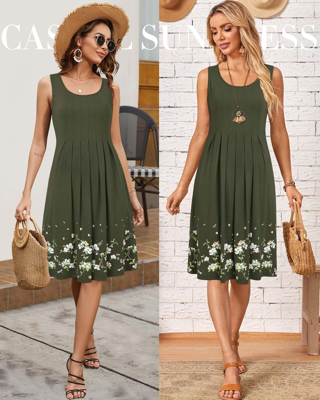 KILIG Sommerkleid Damen Strandkleid Midi Ärmellose Kleid Sommer Leicht Blumenkleid Freizeitkleid A1-