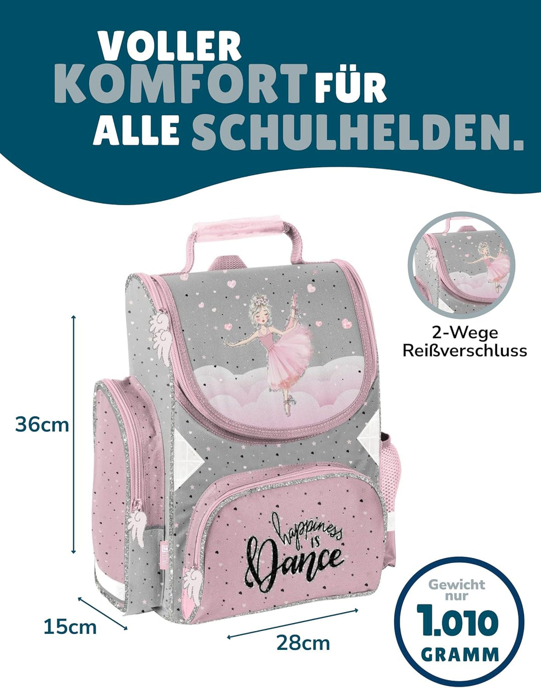 Familando Ballerina Mädchen Schulranzen-Set 6 TLG | Ranzen 1. Klasse | Schultasche mit Sportbeutel,