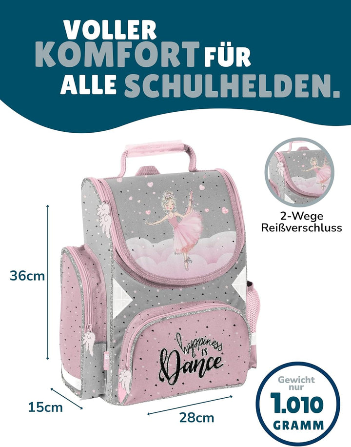 Familando Ballerina Mädchen Schulranzen-Set 6 TLG | Ranzen 1. Klasse | Schultasche mit Sportbeutel,