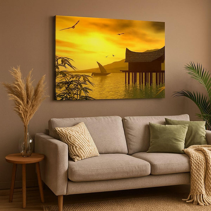 ARTTOR Bilder auf Leinwand 100x70cm Leinwandbild Asien Berg Meer Felsen Gross Wanddeko Bild Schlafzi