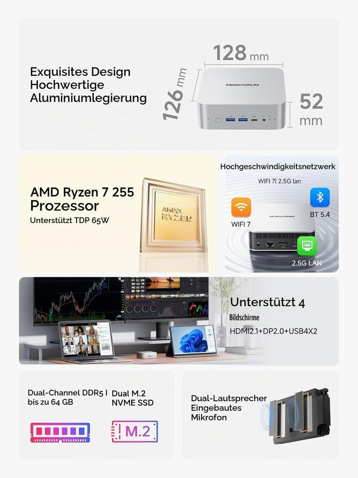 MINIS FORUM AI X1-255 Mini-PC, AMD Ryzen 7 255 (8C/16T, bis zu 4,9 GHz), 16 GB DDR5 RAM, 512 GB M.2