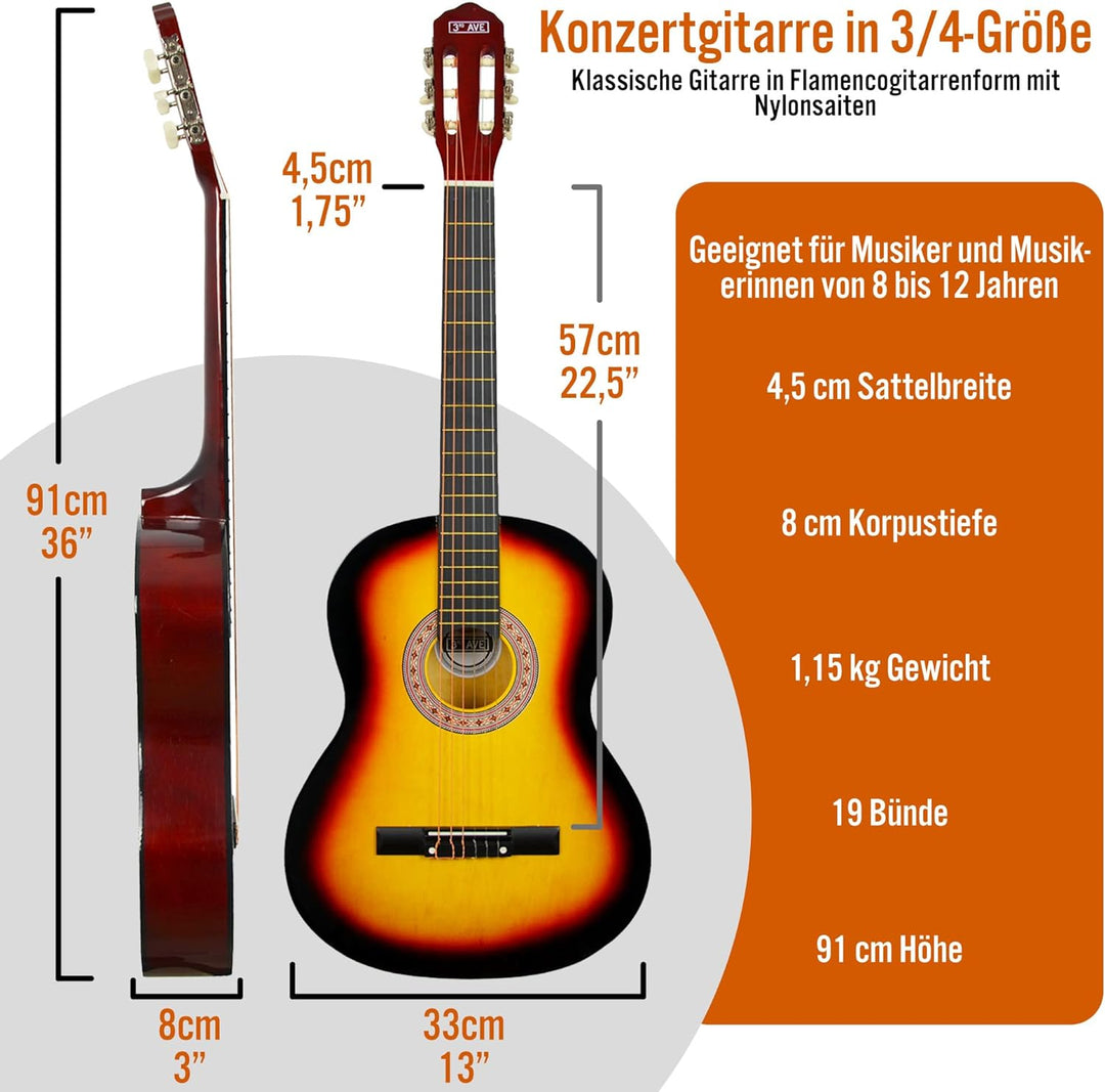 3rd Avenue 3/4 Flamencogitarren-Starterset in Kindergrösse mit Nylonsaiten – mit Tasche, Saiten – in