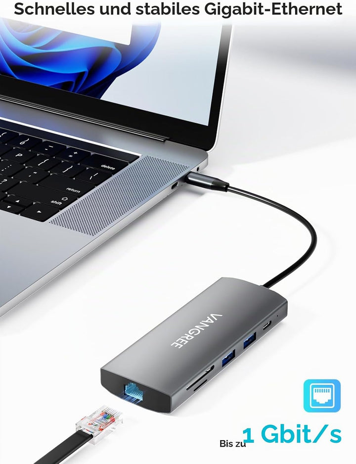 USB-C-Hub mit Dual 4K@60Hz DisplayPorts, 2× USB-A & 2× USB-C 3.2 (10Gbps), Gigabit-Ethernet, 100W PD