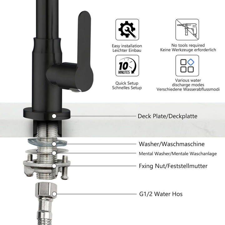 LIWEIKE Wasserhahn Kaltwasser Schwarz, 360° Drehbarer Kaltwasser armaturen mit 3 Strahlarten Wasserh