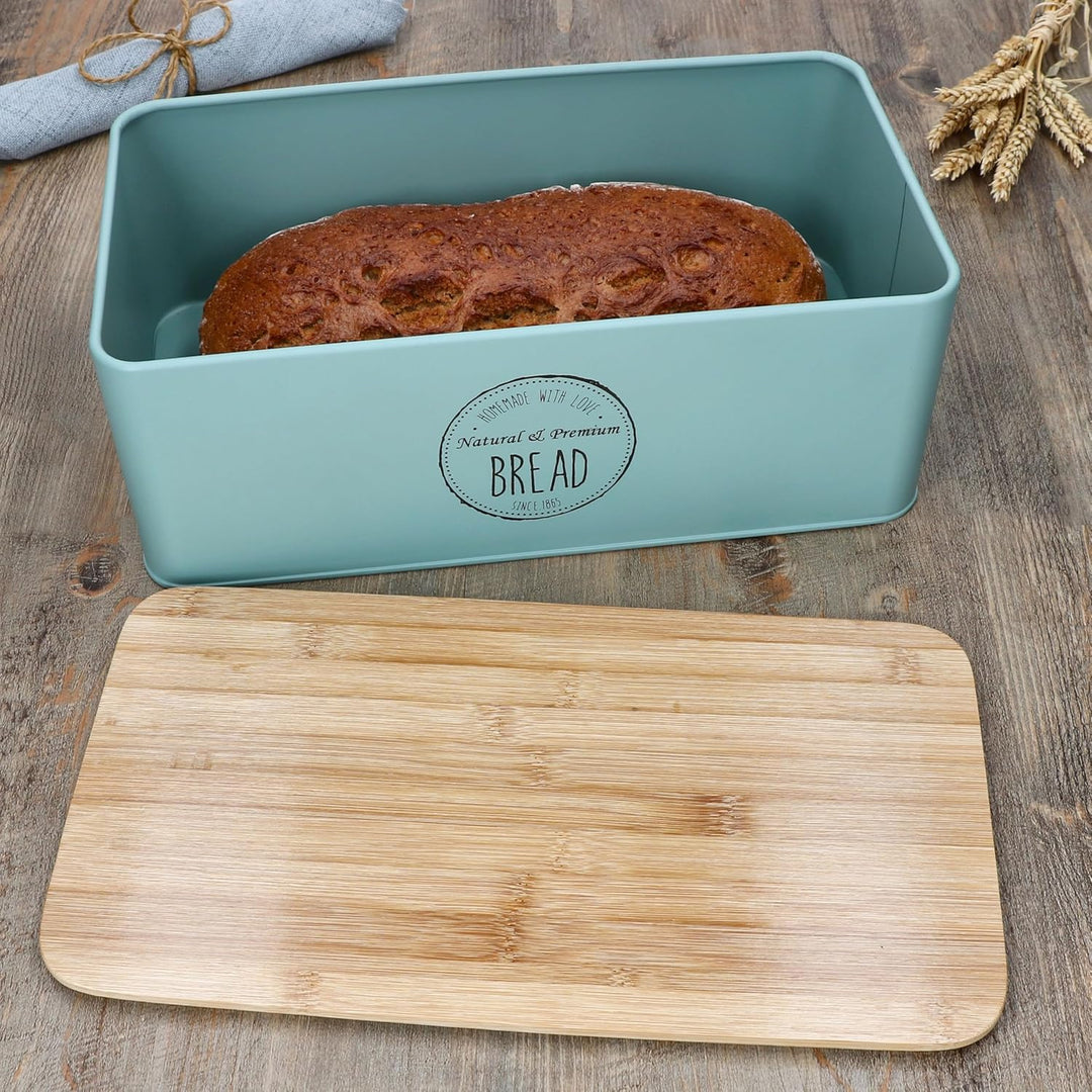 MamboCat Brotbox Fresh mint I (LxBxH) 33,2x18,5x15,4cm I Metall-Brotkasten mit Bambusdeckel I Aufbew