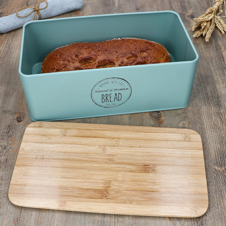 MamboCat Brotbox Fresh mint I (LxBxH) 33,2x18,5x15,4cm I Metall-Brotkasten mit Bambusdeckel I Aufbew