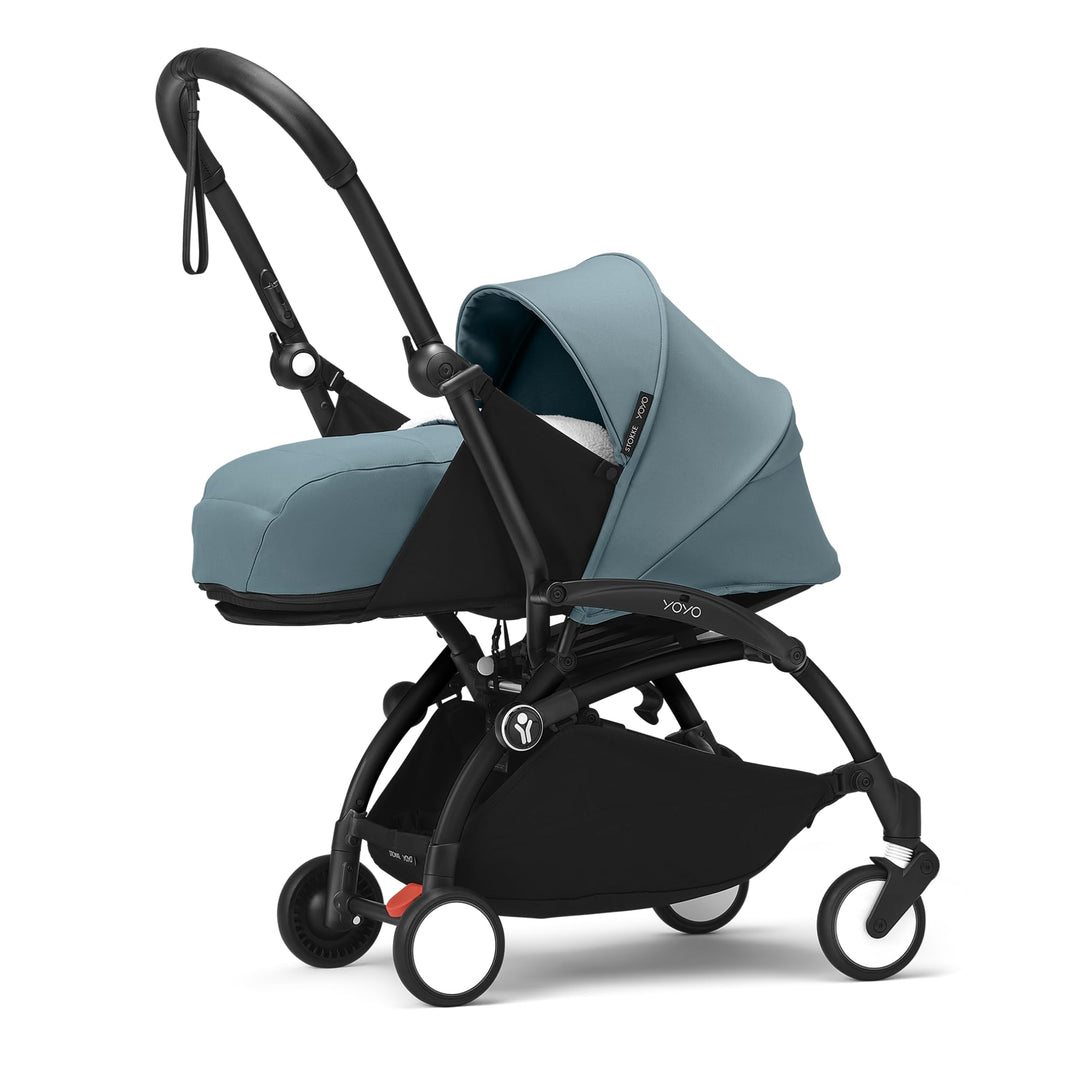 Stokke YOYO3 Gestell (Schwarz) mit 0+ Neugeborenen Set (Aqua) - Inklusive Matratze, Fünfpunktgurt, a