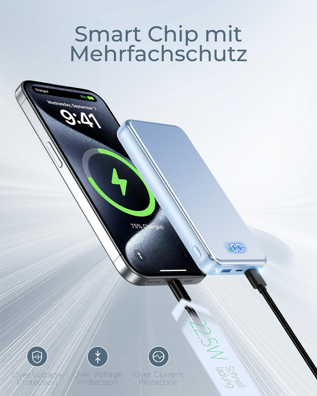 Power Bank, 30% Grössere Kapazität 26800mAh Powerbank, mit 3-in-1 Kabel,Blau