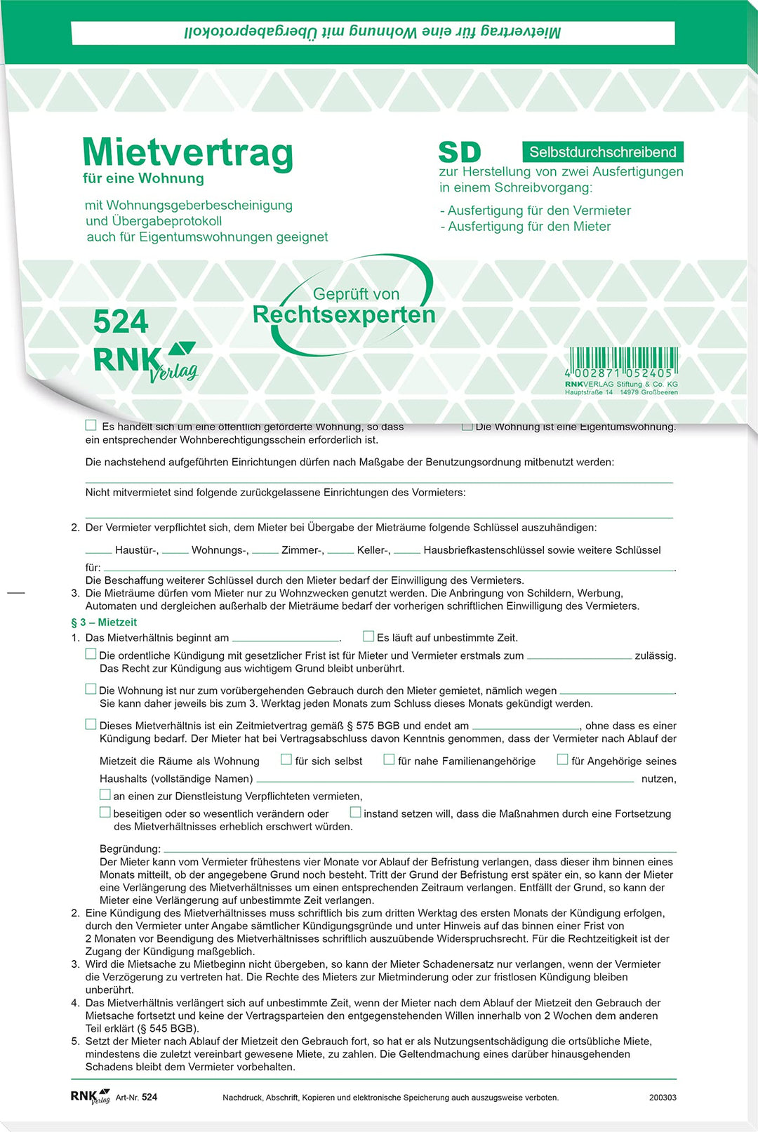 RNK 524/10 - Universal-Mietvertrag für Wohnungen - SD, mit Übergabeprotokoll, 4 x 2 Blatt, DIN A4, m