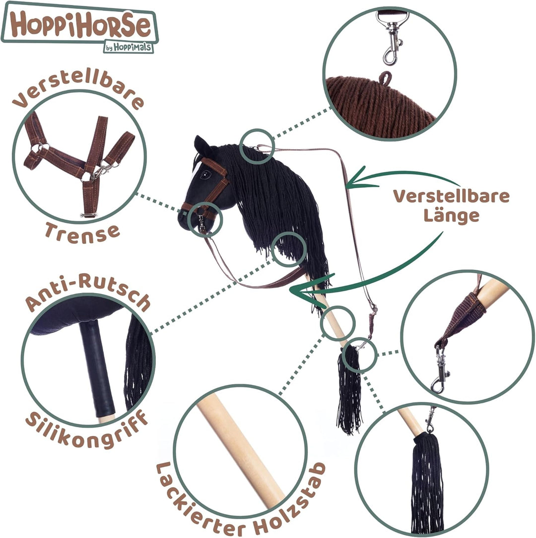 HOPPIHORSE Steckenpferd mit Trense - A3 - Hobby Horse mit Zügeln, Schultergurt, Schweif - hochwertig