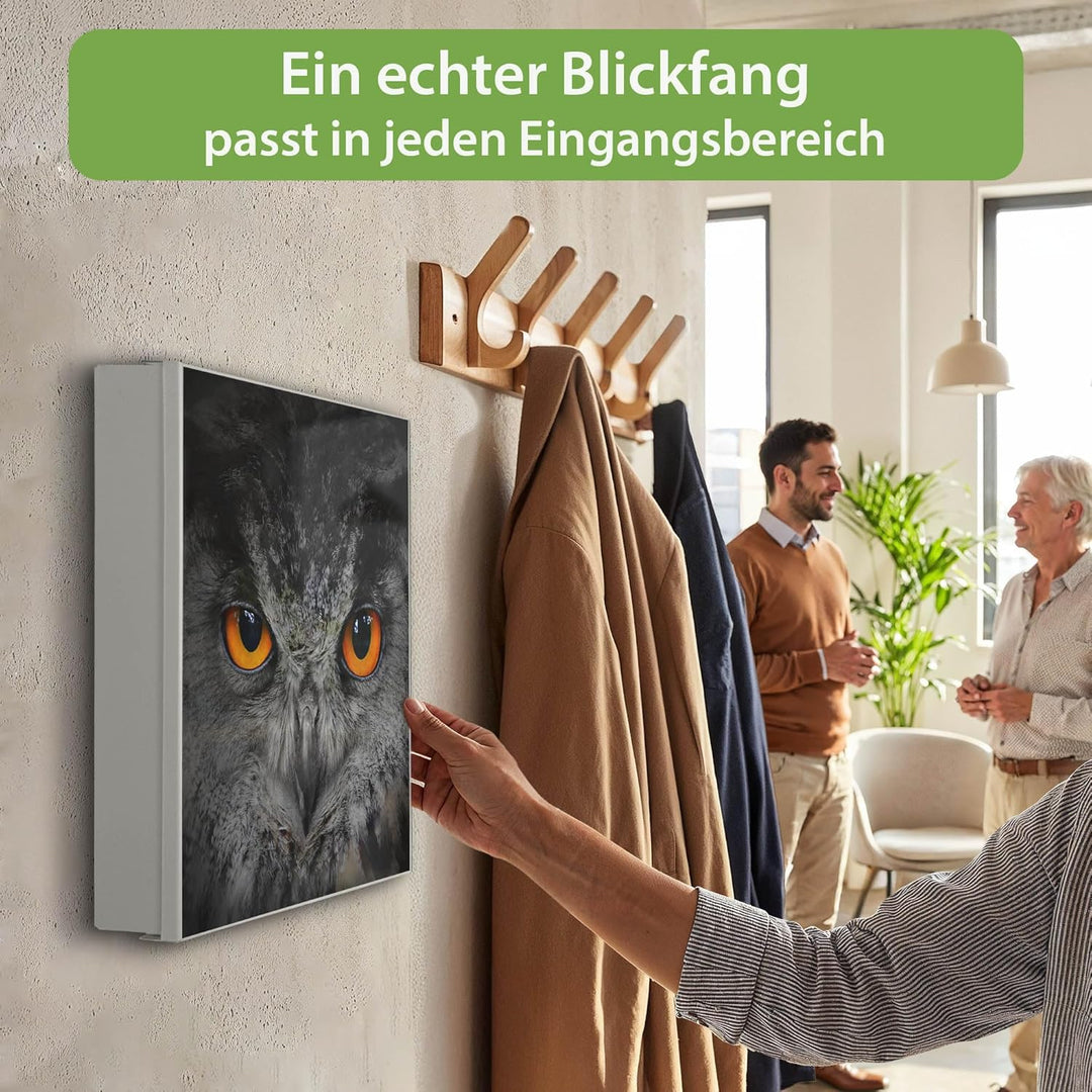 banjado® Grosser Schlüsselkasten Glas/Schlüsselbox 30cm x 30cm mit 50 Haken - Motiv Uhu/Schlüsselkas