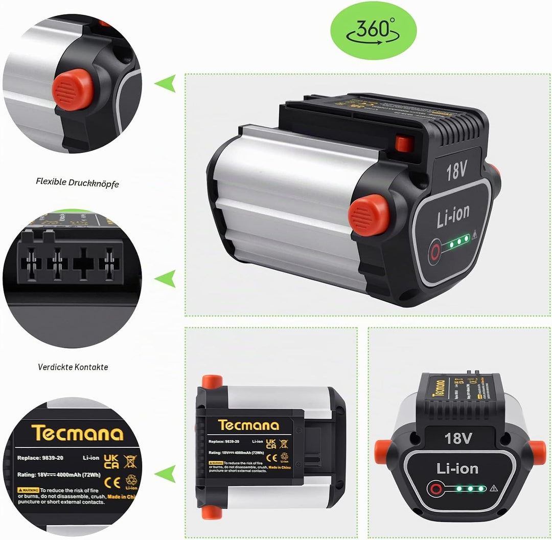 Tecmana 18V 4.0Ah Ersatzakku für Gardena BLi-18 (9840-20, 9839-20)