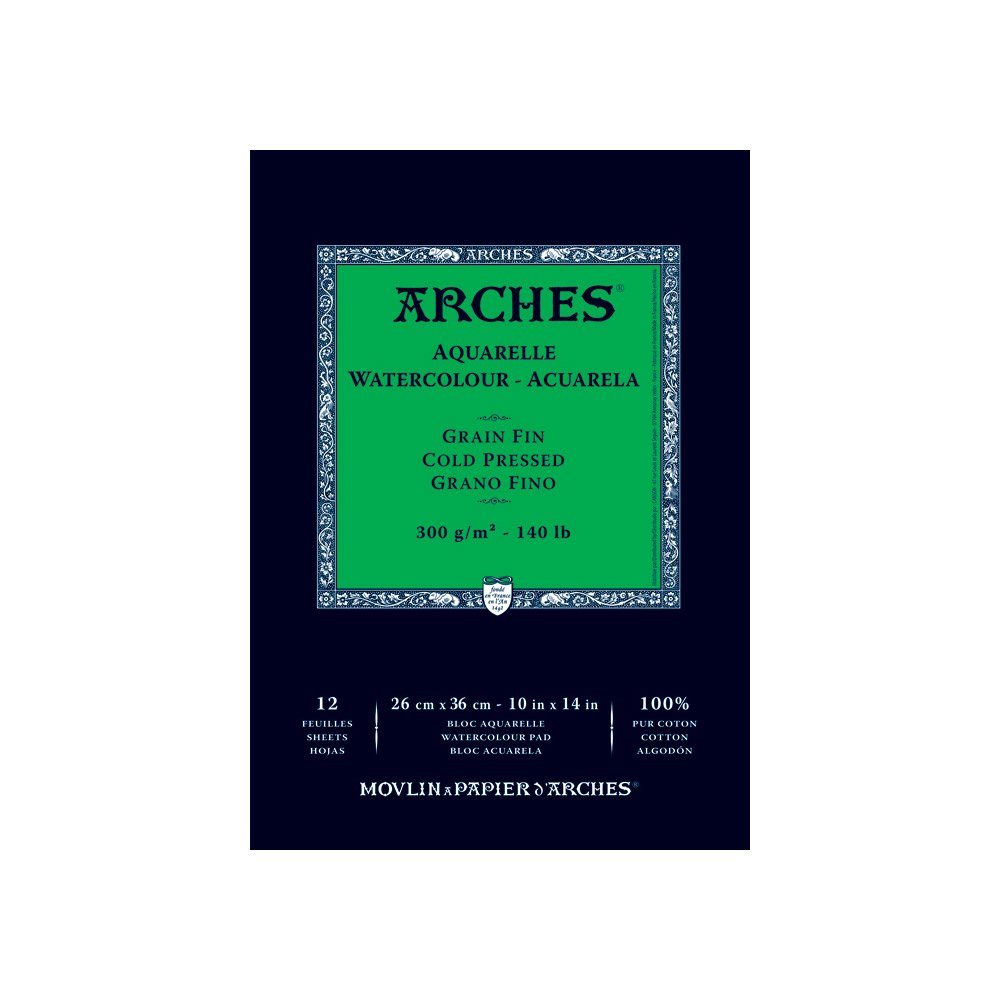 Arches 1795093 Aquarellpapier im Block (26 x 36 cm, Kopfgeleimt, 300g/m² Feinkorn) 12 Blatt naturwei