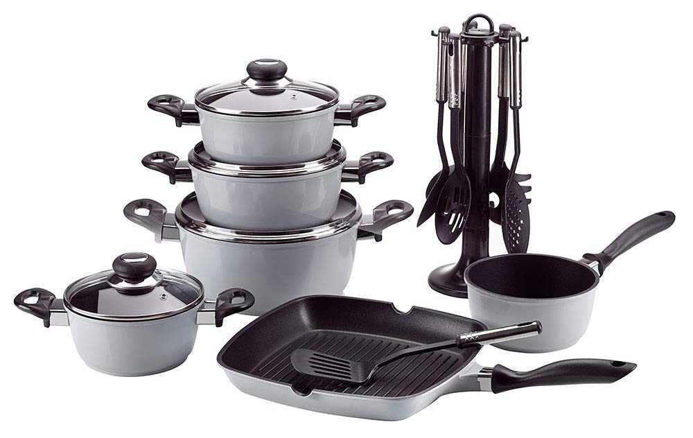 Krüger Aluguss Topfset Grau 17-teilig|Antihaft|Töpfe, Grillpfanne & | Antihaft-Versiegelung|Backofen