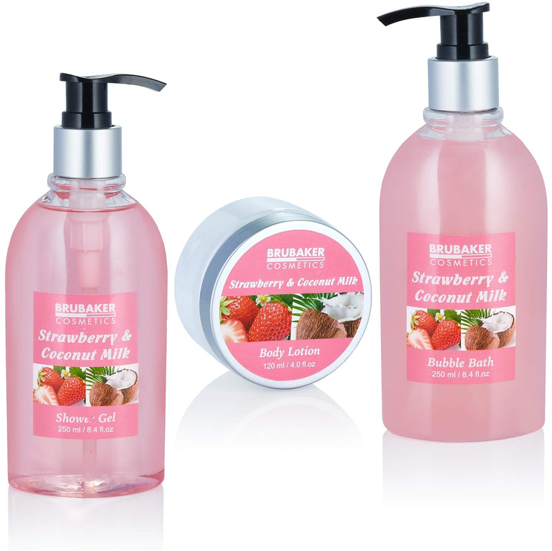 BRUBAKER Cosmetics Bade-Geschenkset Erdbeer Kokosnuss mit Deko Badewanne Schwarz 9-teilig Erdbeer &