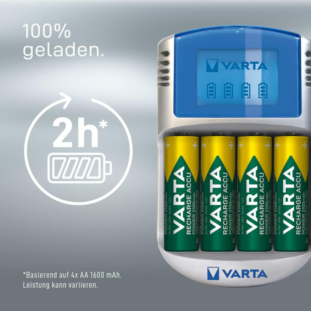 VARTA Akku Ladegerät, inkl. 4X AA 2600mAh, Batterieladegerät für wiederaufladbare AA/AAA, LCD Charge
