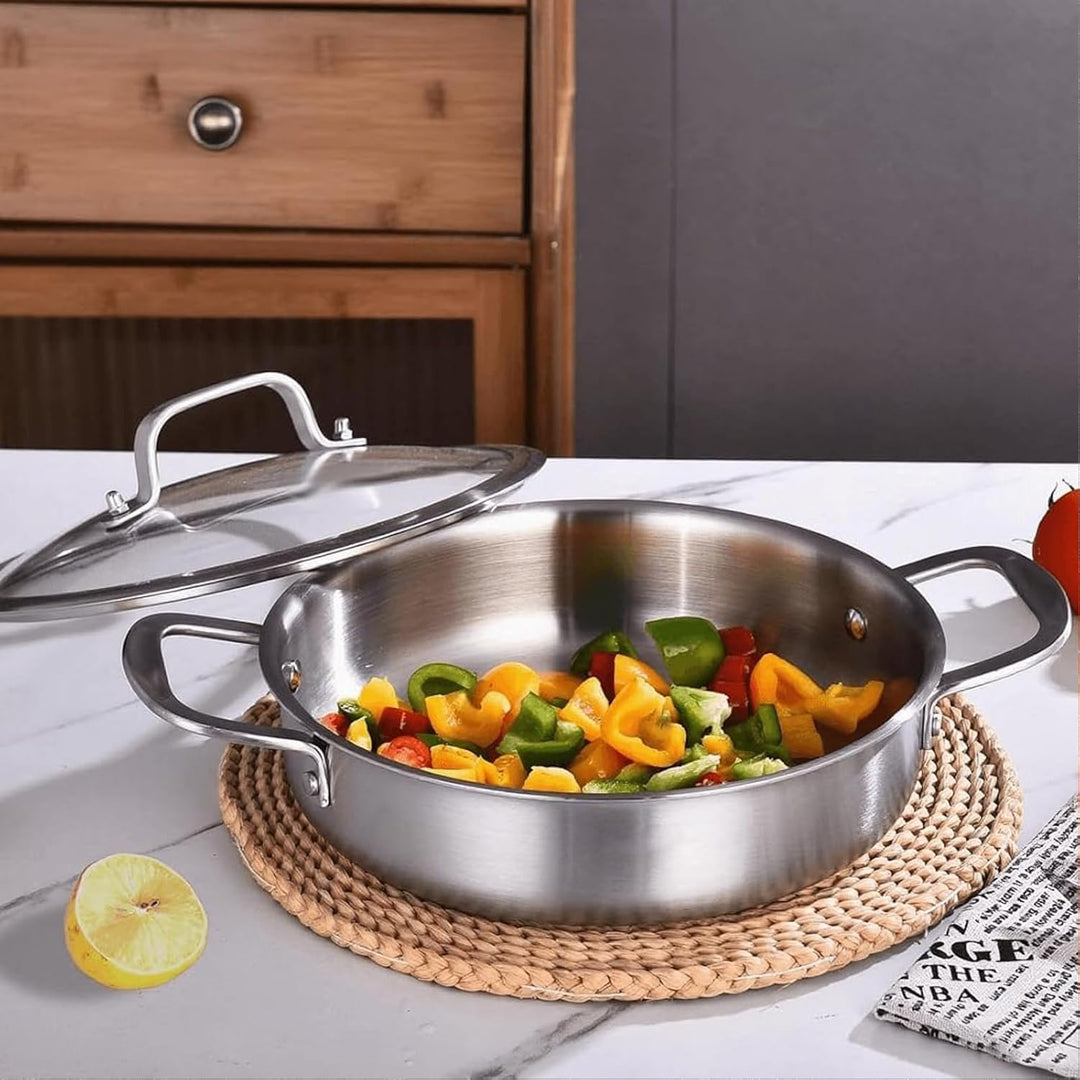 Servierpfanne 24 cm: Dreilagige Edelstahl Pfanne,Tri-ply Stainless Steel Sauteuse,Schmorpfanne mit D
