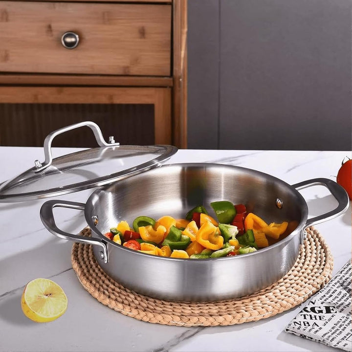 Servierpfanne 24 cm: Dreilagige Edelstahl Pfanne,Tri-ply Stainless Steel Sauteuse,Schmorpfanne mit D