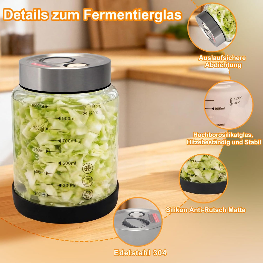 Fermentierglas 1L mit Deckel: 2 Stück Doppelanschluss-Auslassventil Gärglas für Haushaltsfermenter-