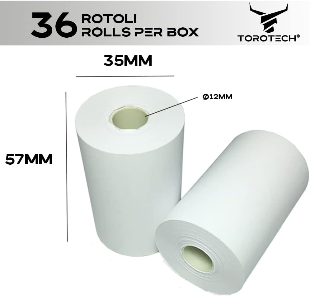 TOROTECH Bonrollen 57x35x12 mm - 36 Rollen - Thermopapier Thermorrollen weiss, ohne Rückseitendruck