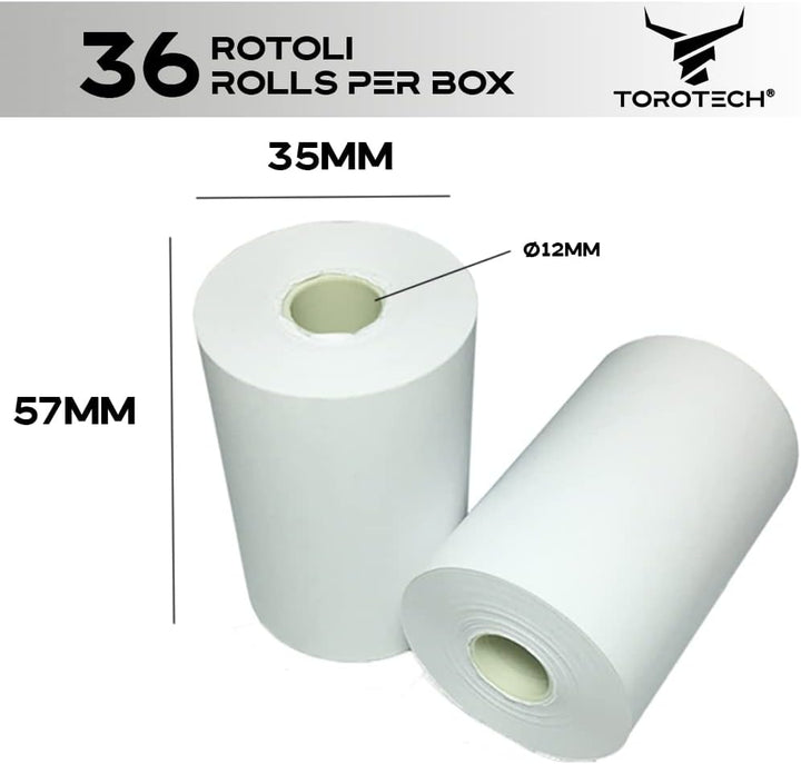 TOROTECH Bonrollen 57x35x12 mm - 36 Rollen - Thermopapier Thermorrollen weiss, ohne Rückseitendruck