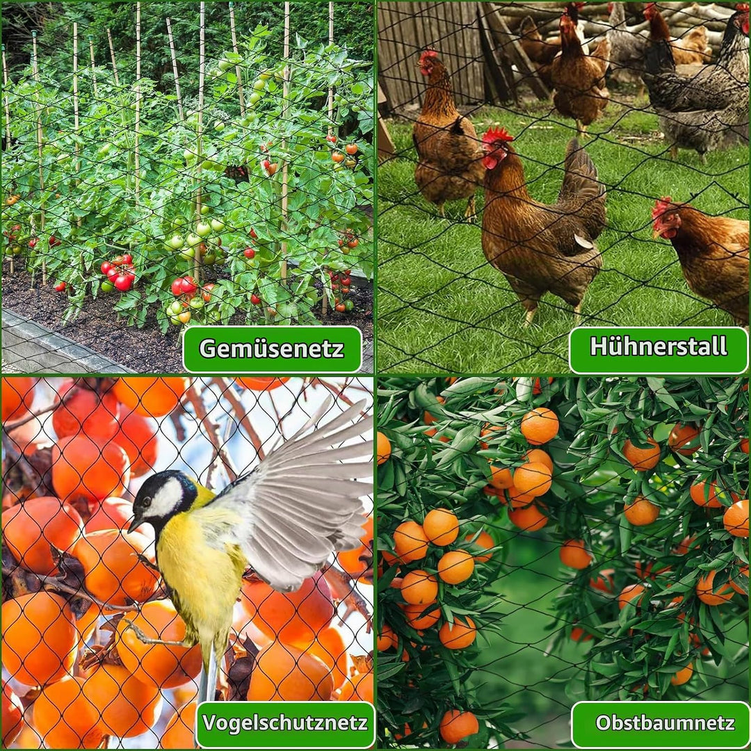Vogelschutznetz 10 m x 10 m, Vogelnetz Schwarz, Reissfestes Pflanzennetz für Hühnergehege, Volierenn