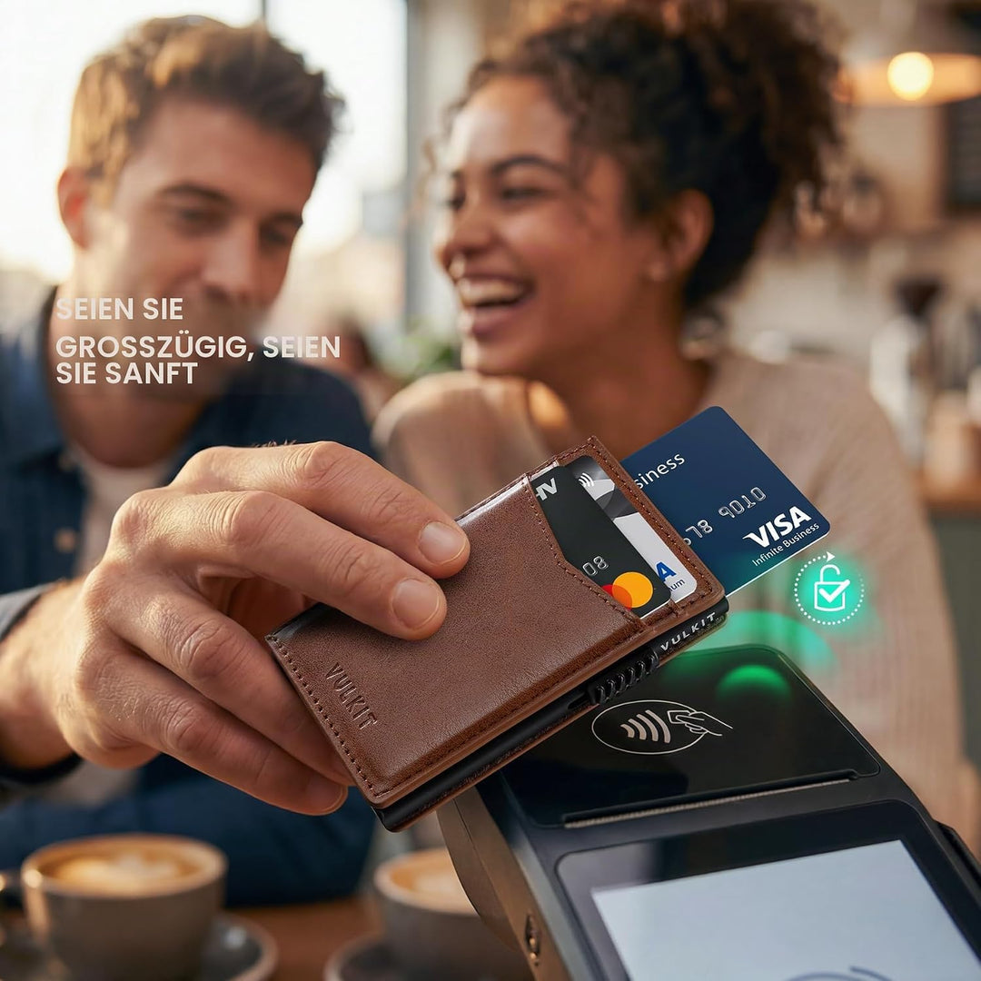 VULKIT Kreditkartenetui Leder Kartenetui RFID Blocking Automatische Pop Up Visitenkartenetui für Kar