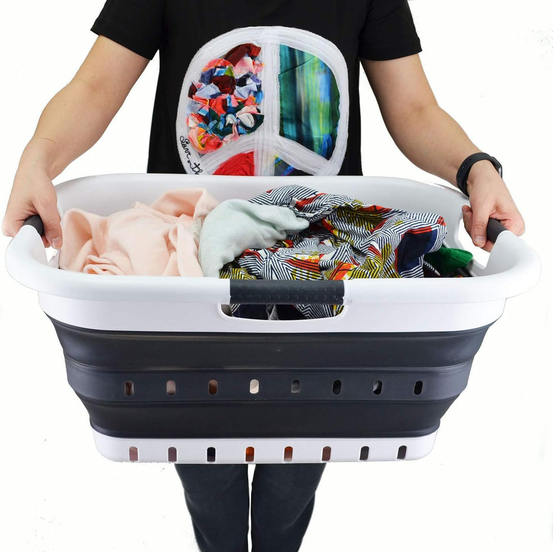 SAMMART 41L Collapsible 3 Handled Plastic Laundry Basket - Foldable Pop Up Storage Basket/Organizer