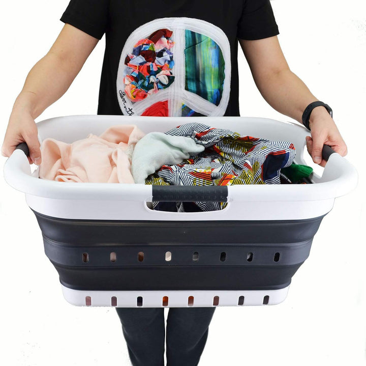 SAMMART 41L Collapsible 3 Handled Plastic Laundry Basket - Foldable Pop Up Storage Basket/Organizer
