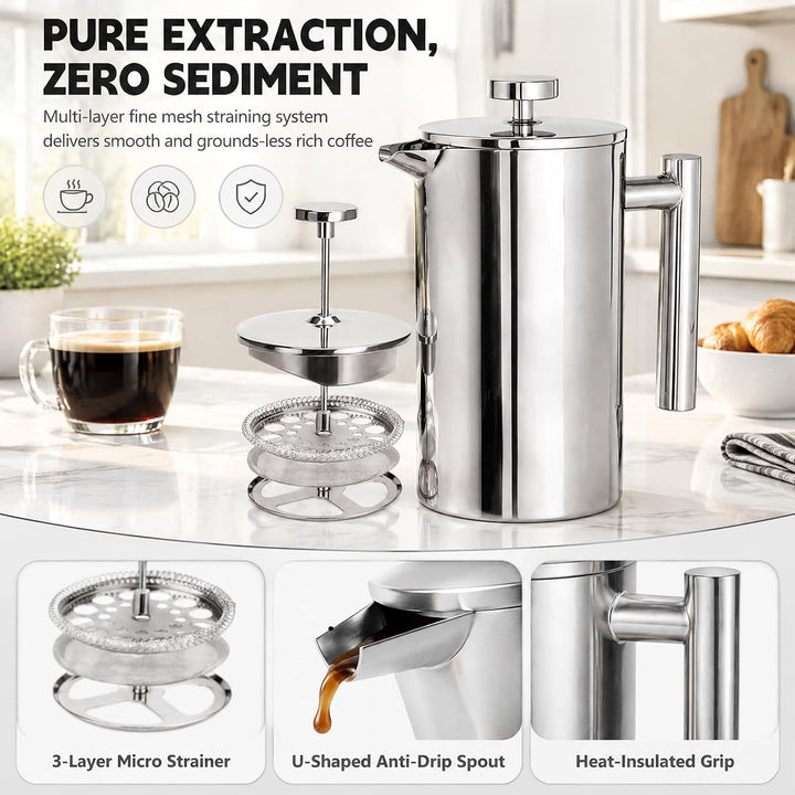 French Press Kaffeebereiter 600ml Edelstahl, Französische Presse Isolierte