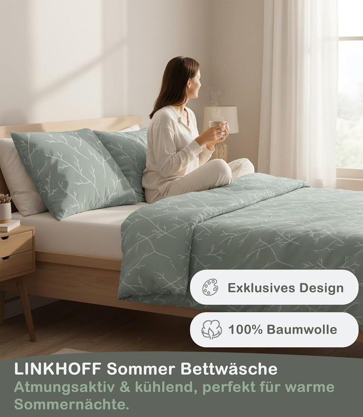 LINKHOFF Bettwäsche 135x200-100% Baumwolle + 80x80cm 2tl. Zweigemuster in Grün/Weiss Bettwäsche Äste