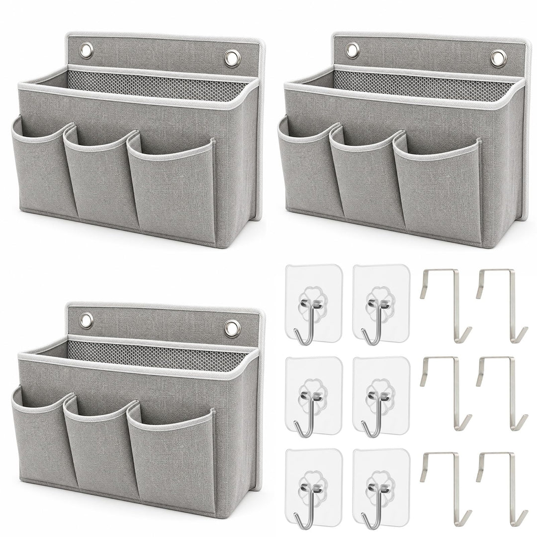 ZYNERY 3 Stück Hängeorganizer Grau mit 3 Taschen, Hängeorganizer Camping, 6 Selbstklebehaken + 6 Nor