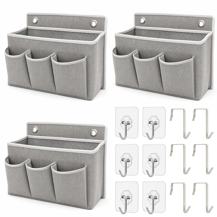 ZYNERY 3 Stück Hängeorganizer Grau mit 3 Taschen, Hängeorganizer Camping, 6 Selbstklebehaken + 6 Nor