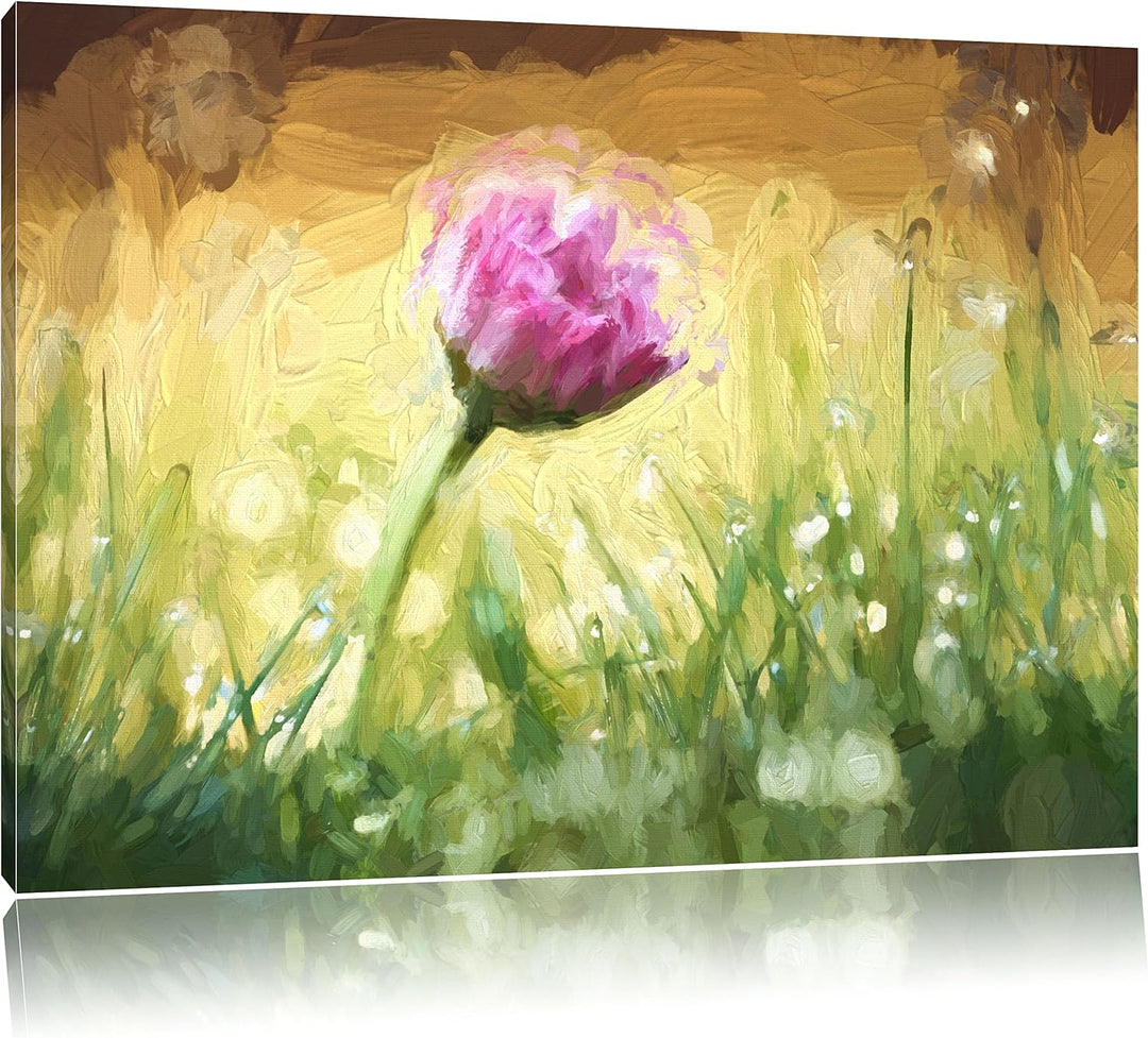 Pixxprint rosa Gänseblümchen im Gras Kunst Pinsel Effekt, Format: 100x70 auf Leinwand, 100x70
