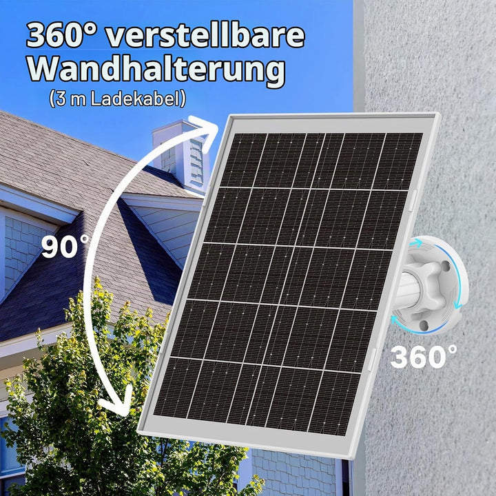 8W Solarpanel für Überwachungskamera Aussen Akku – Solar Panel mit 3‑in‑1 USB‑C/Micro/DC, inkl. 360°