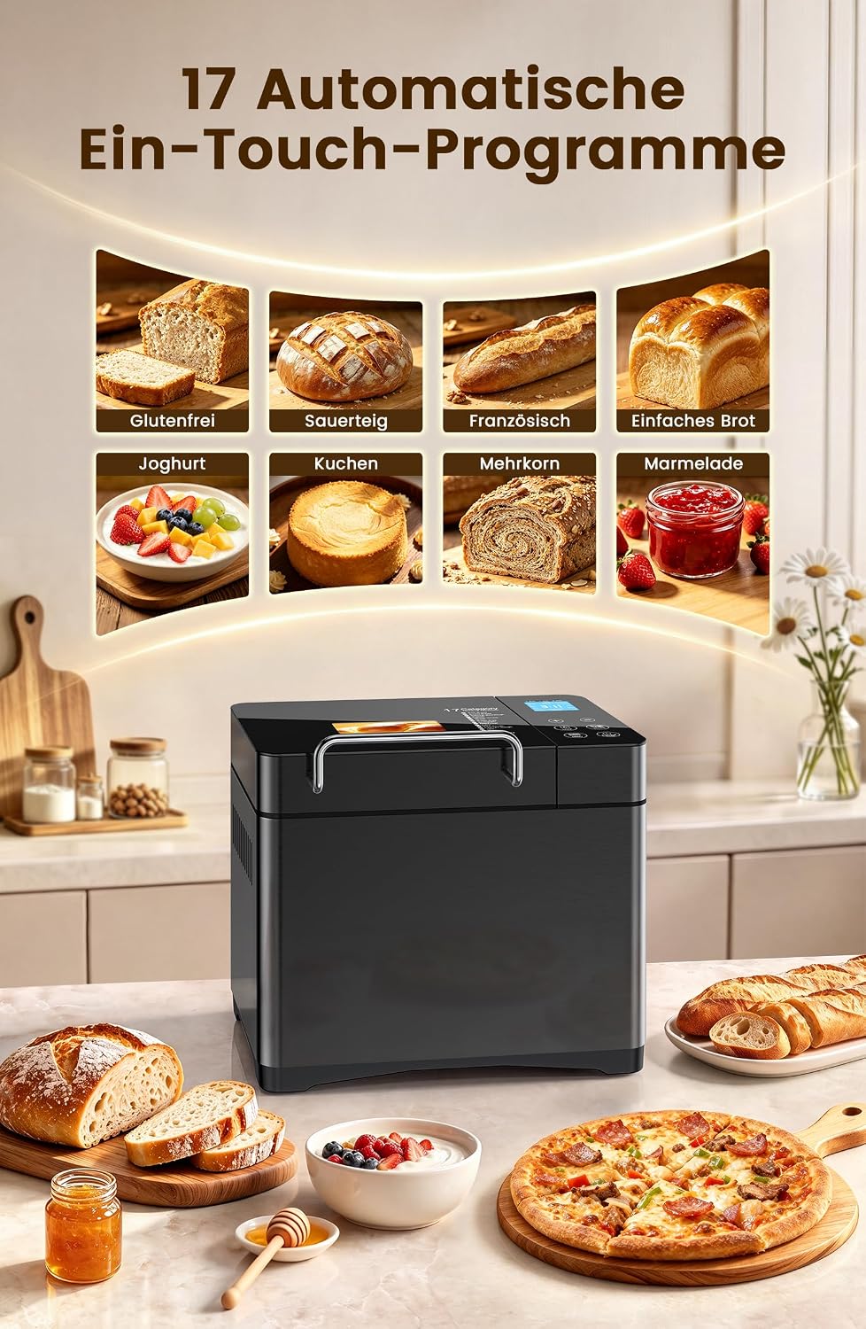 710W 1KG Konvektions Brotbackautomat mit Doppelten Heizrohren, 17 in 1 Edelstahl Brotbackmaschine, K
