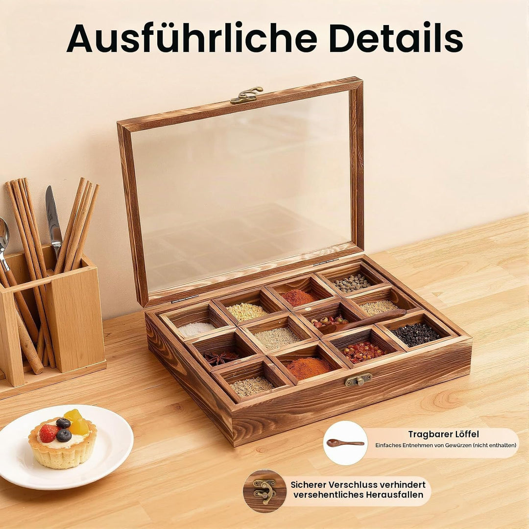 Handgefertigte Indische Masala Dabba Gewürzbox aus Holz mit Glasdeckel,Gewürzbox mit 12 nicht heraus