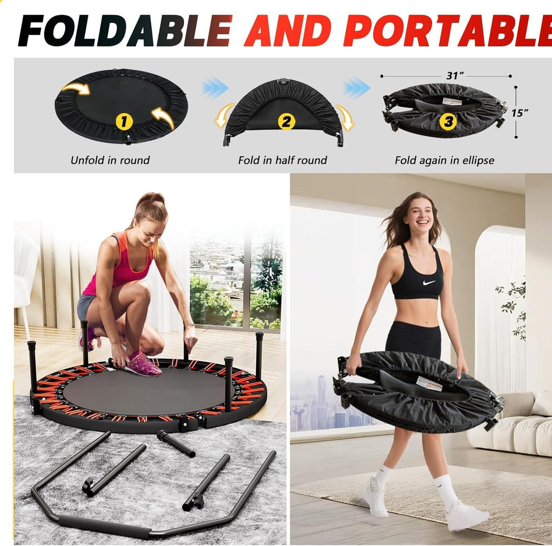 Fitness-Trampolin 102 cm für Erwachsene mit Haltestange, 3-Fach höhenverstellbar, leise Bungee-Seile