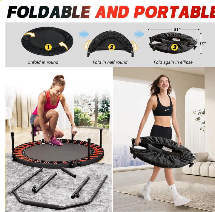 Fitness-Trampolin 102 cm für Erwachsene mit Haltestange, 3-Fach höhenverstellbar, leise Bungee-Seile