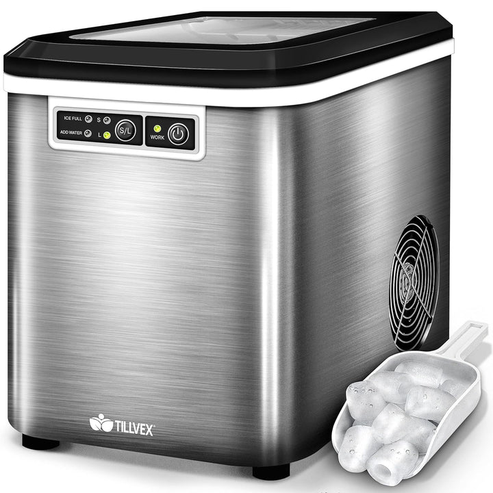 tillvex Eiswürfelmaschine Edelstahl 12 kg - 24 h | Eiswürfelbereiter 2,2 Liter Wassertank | Ice-Make