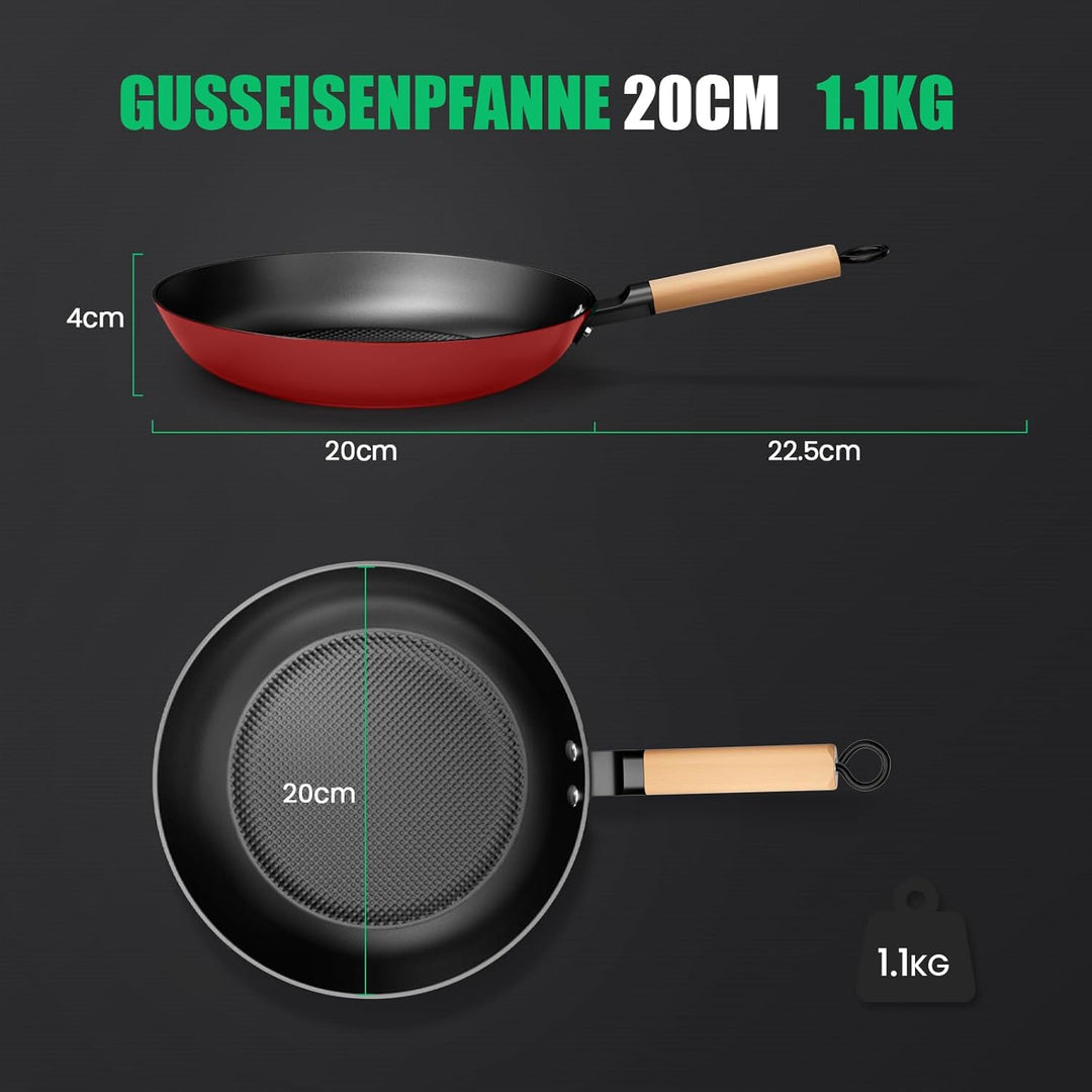 YUTANN Pfanne Gusseisen 20 cm, Bratpfanne Aus Massivem Gusseisen, Gleichmässige Wärmeverteilung, Abn