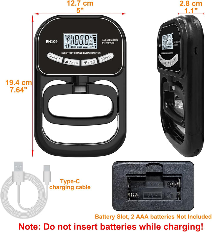 180KG / 396Lbs Hand Dynamometer Grip Digitaler Handdynamometer Griffkraft Tester Elektronischer Grif