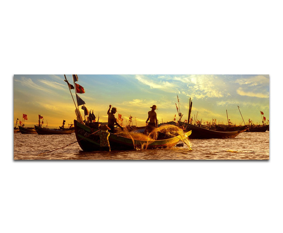Paul Sinus Art Panoramabild auf Leinwand und Keilrahmen 150x50cm Meer Sonnenaufgang Fischerboote Fis