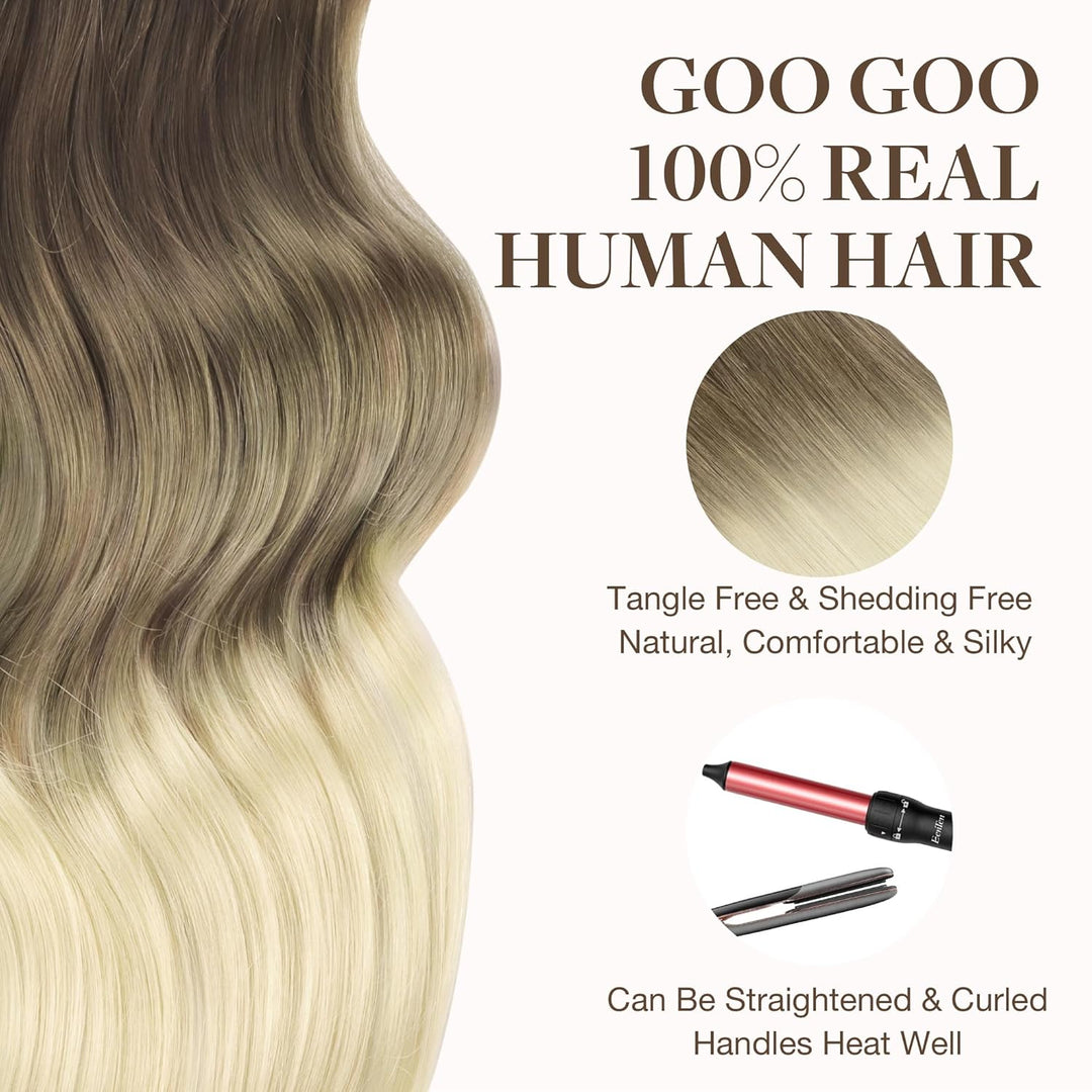 GOO GOO Tape in Exitensions Echthaar, Ombre Ash Brown bis Platinum Blonde 20pcs 50g 45cm, Remy Tape