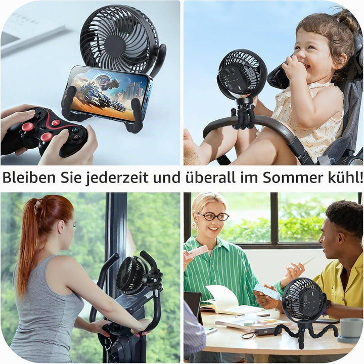 Hianjoo LED Ventilator mit 10000mAh Akku - 360° Drehbarer Kleiner Tischventilator für Camping, Zelte