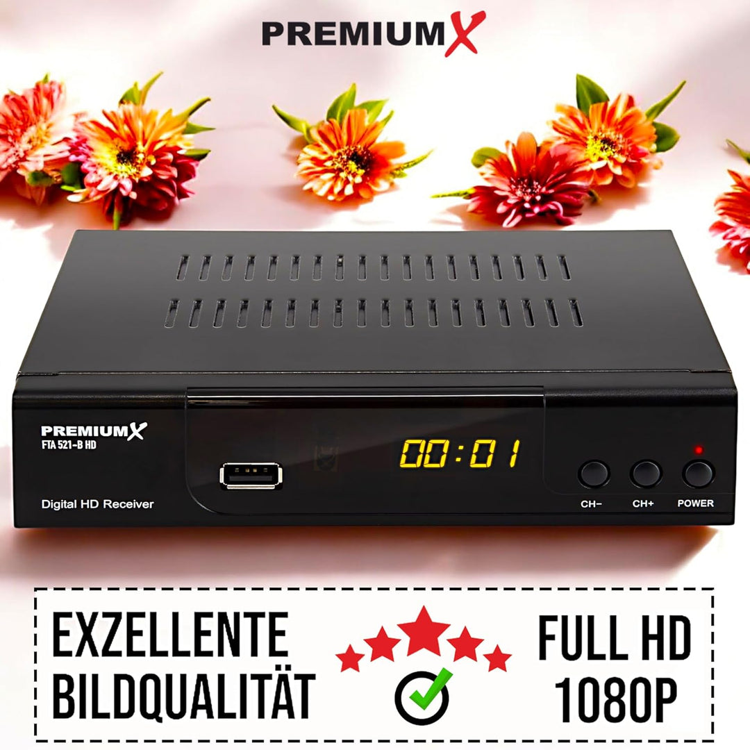 PremiumX Satelliten-Receiver HD 521 FTA Digital SAT TV-Receiver DVB-S2 FullHD HDMI SCART 2X USB Mult