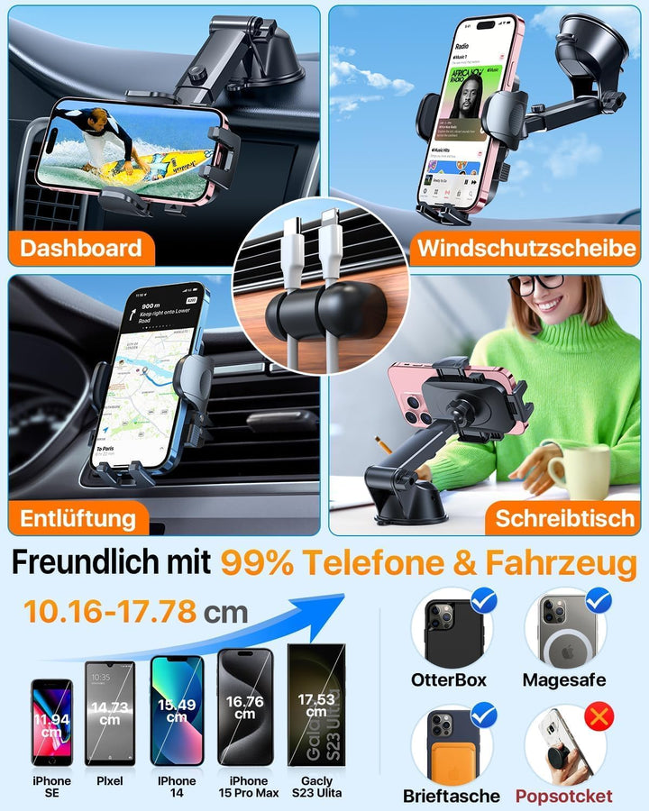 【Militär-Klasse】4 in 1 Handyhalterung Auto【Tärkst Saugnapf &amp; Clip】Federungskapazität 36KG 360° Drehb
