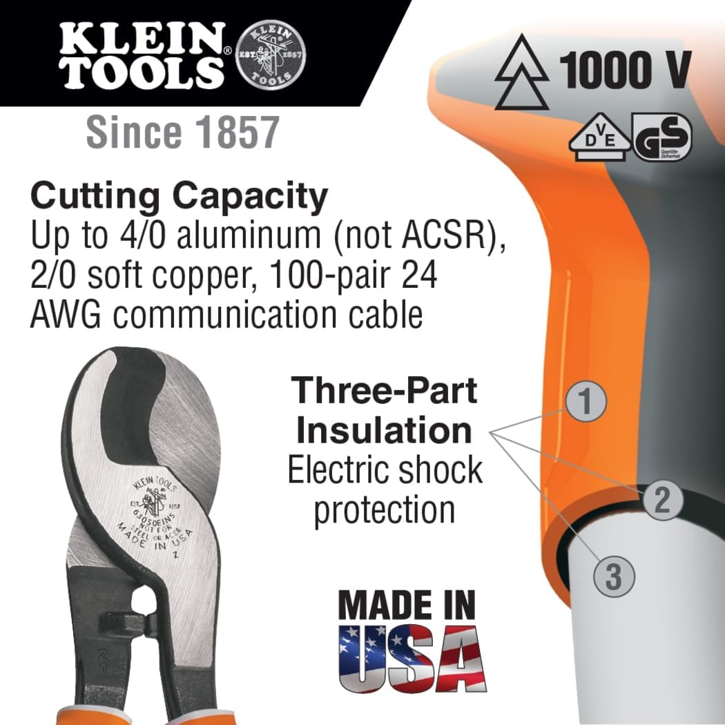 KLEIN TOOLS Elektriker-Kabelschneider, isoliert, hohe Hebelwirkung Slim, Slim