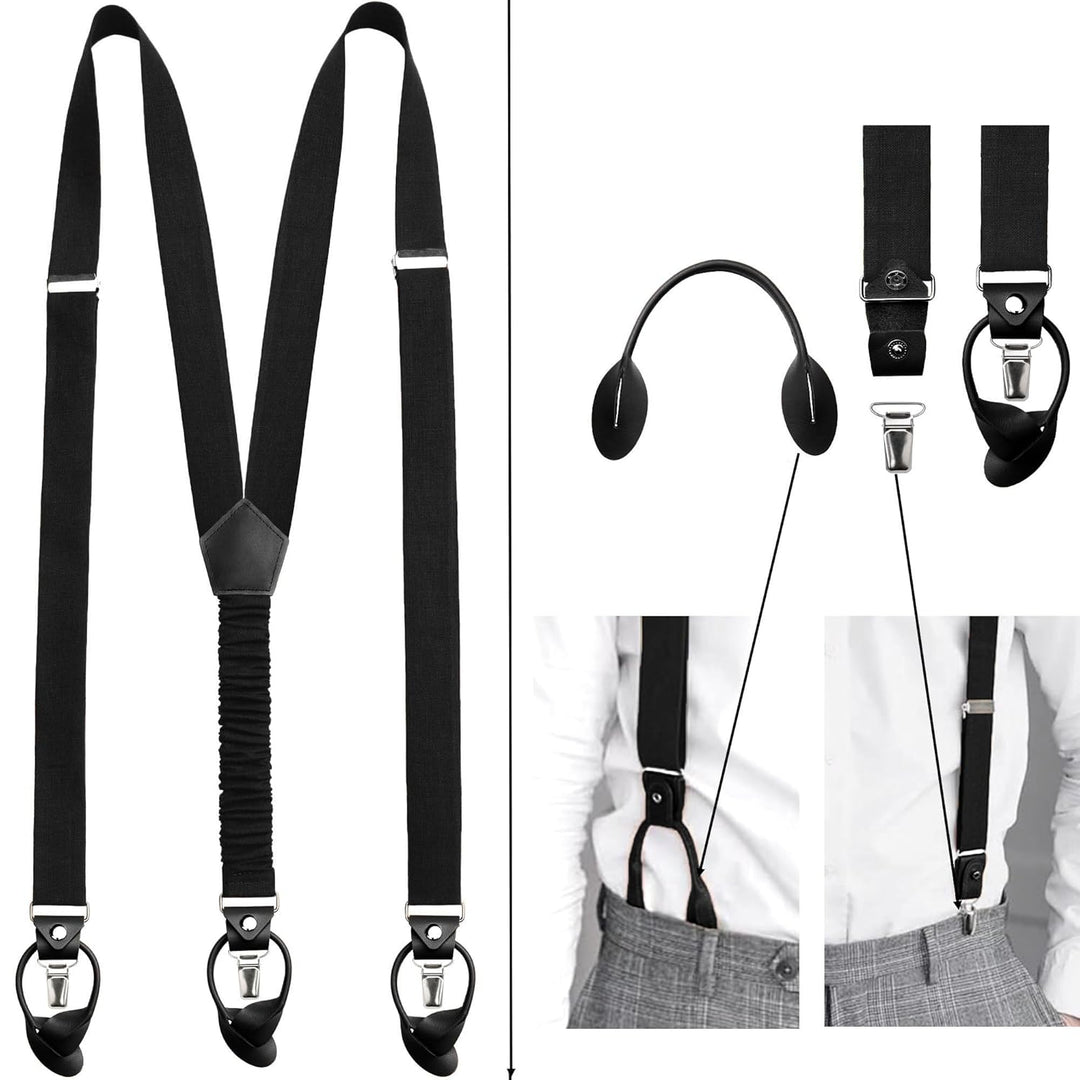 Leinen Accessoires SET: Fliege und Hosenträger Hosenträger mit Leder für Herren. Fliege Bereits gebu