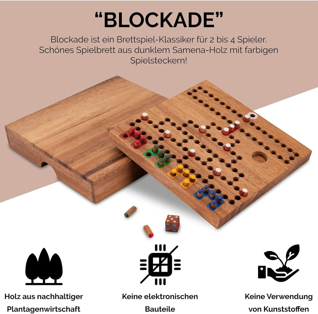 LOGOPLAY Blockade Reisespiel im Holzkasten - 18cm x 18cm - Würfelspiel - Strategiespiel - Gesellscha